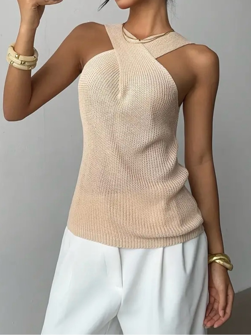 Sleeveless Beige Knit Cross-Neck Top